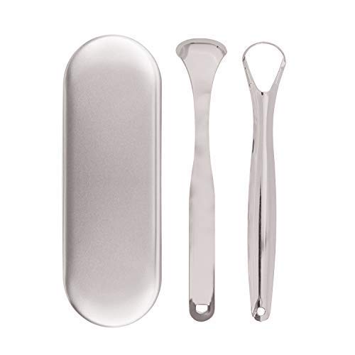 Limpiador de raspador de Lengua de Acero Inoxidable, Set de herramientas de salud para la higiene bucal con estuche para el cuidado de la higiene dental Fresh Breath One set 2PCS(Silver)