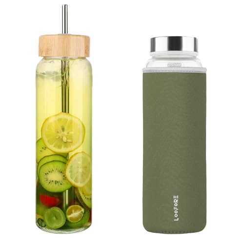 LOOFORE Glass Water Bottle 1000ml 1L with 2 Lids and Straw