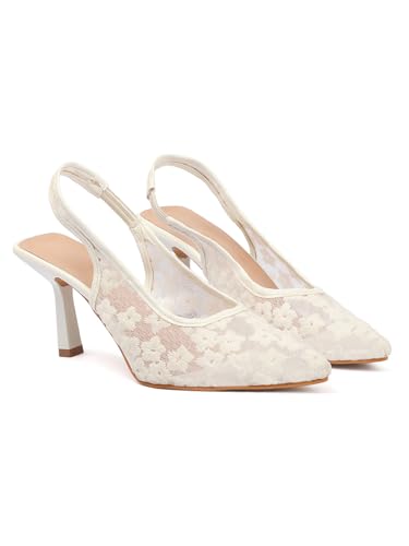 Image of TRYME Women's Floral Embroidered Mesh Mules Style Pointed Toe Slingback Stilettos Heel Sandals