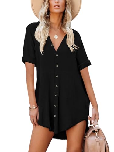 Paintcolors Women's Cotton Button Down Shirt Short Sleeve Dresses Tunics Oversized Beach Cover up Blouse Tops with Pockets