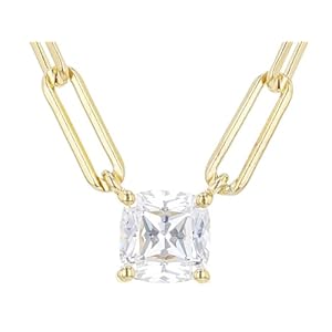 JTV Platinum or 18k Gold Plated CZ Solitaire Chain Necklace – Paperclip Chain Necklace – Platinum Plated Sterling Silver – Trendy Silver Chain Necklace for Women – CZ Pendant Necklace