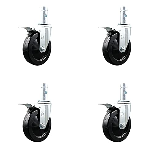 5 Inch Swivel Scaffolding Wheels Caster Set of 4 - Black Hard Rubber Wheels - 1-3/64 Inch x 2-3/4 Inch Grip Ring Stems-300 lbs. Capacity Per Caster-Total Lock Brakes-Service Caster Brand