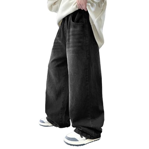 Tween Boys Baggy Jeans Elastic Waistband Wide Leg Denim Pants with Pockets, Casual Black Jeans for Boys2