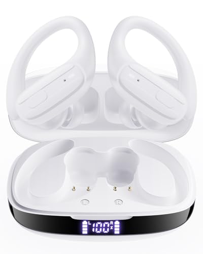 Image of LEEMC Wireless Earbuds, Bluetooth Headphones 5.4, 80Hr Playtime Ear Buds with Hooks for Sports, Noise Canceling, LED Display, IPX7 Waterproof Earphones for Workout Running, Purewhite