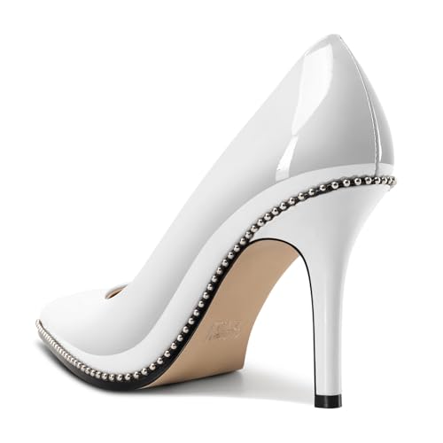 TNYNFBEB Womens Stiletto Mid Heel Pointed Toe Pumps Slip-on Sliver Beaded Prom Wedding Dress Basic Classic Patent Leather 3.5 Inches Heels4