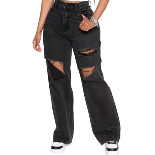 Women's Casual Ripped High Waist Straight Leg Wide Leg Jeans Distressed Denim Pants