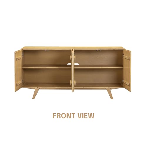 Image of Sapa Mid-Century Modern Solid Wood Sideboard - 4-Door Accent Buffet Cabinet with Carved Geometric Fronts, for Living Room, or Entryway, Effortless Assembly, Sand