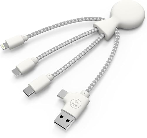 Xoopar - Cable Octopus Multi 4 en 1 - Cargador Universal De Plástico Reciclado - USB, USB-C, Lightning, Micro USB - Compatible Con Todos Los Smartphones - Mr Bio Blanco