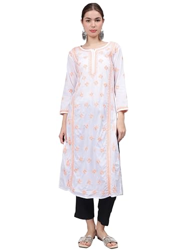 Image of Seva Chikan Hand Embroidered Lucknowi Chikankari Cotton Straight Kurta for Women SCL4567