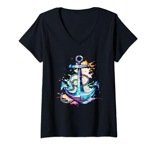 Damen Vintage Anker maritimes Design für Kapitän Seemann T-Shirt mit V-Ausschnitt