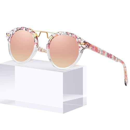 Image of CARFIA Small Face Acetate Polarized Sunglasses for Women UV Protection, Retro Double Bridge Eyewears Metal Brow Round Sunnies