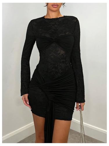 Floerns Women's Lace Sheer Bodycon Mini Dress Long Sleeve Tie Knot Party Dresses2