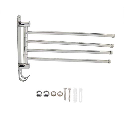 Jerliflyer Towel Rack, Four Bar Double Hook 180 Degree Rotate Towel Bar 14.4inch Stainless Steel No Noise Slip Proof Towel Rod for Bathroom, Hotel, Kitchen