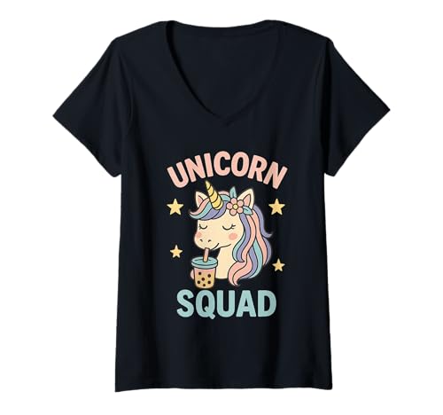 Femme Thé aux bulles Kawaii Fantasy Cute Unicorn Squad T-Shirt avec Col en V