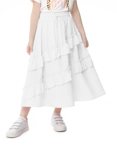 Image of Girls High Waisted Ruffle Maxi Skirt Soft Cotton Long Skirts with Elastic Waistband for Kid Girl 3-12 Years