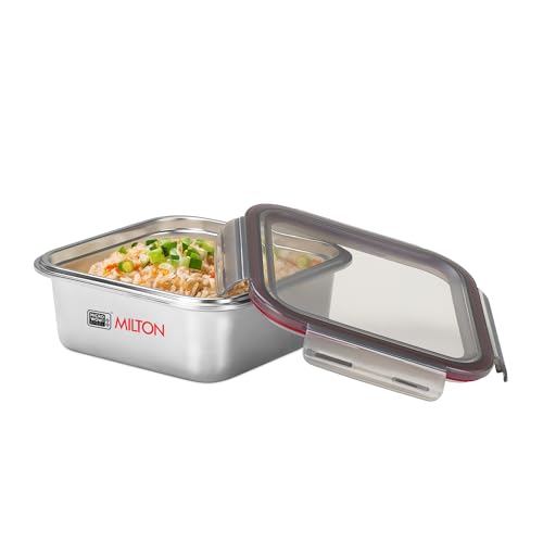 Image of MILTON New Modulo Steel Square 1500 Container with lock lid|Airtight & Leakproof|Microwave & Oven safe| Light Weight | School, Office or Picnic use, 1440 ml, Silver