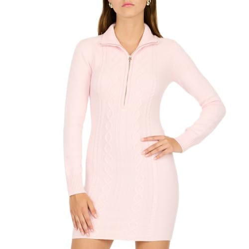 Forever 21 Women's Cable Knit 1/4 Zip Sweater Dress, Pink, S