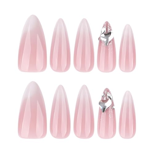 Image of 24 Pcs Press on Nails Pink White Ombre Fake Nails Rhinestone Nail Press ons Reusable Glossy Full Cover with Glitter Design Medium Almond False Nail for Women Manicure
