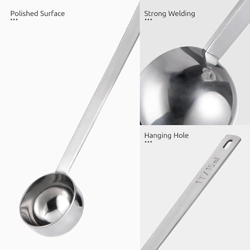 Image of U-Taste Coffee Scoop 1&2 Tablespoon: 18 /8 Stainless Steel Measuring Scooper for Ground Coffee, Bean, Powder, Espresso, 8.5in Long Handle Metal Meaure Spoon for Canister, Jar (1&2Tbsp /15&30ml, Silver)