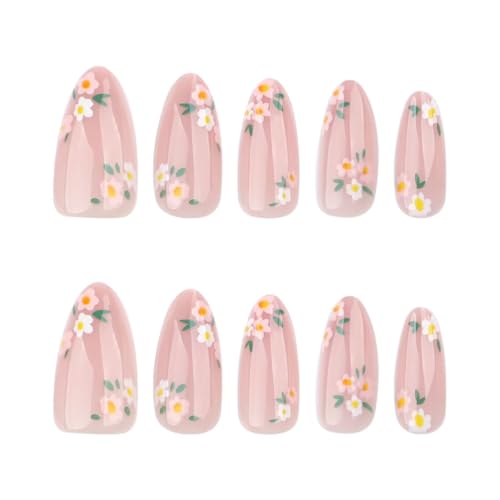 Image of Small Flower Press on Nails Nude Full Cover Fake Nails Medium Almond False Nails with Design Spring Summer Nail Reusable Artificial Acrylic Stick on Nails for Women Manicure 24Pcs