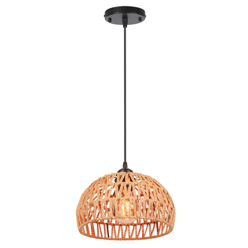 LIGKIN Lámpara Colgante de Ratán Industrial Lámpara de Techo Vintage E27 Retro Lámpara Techo Pantalla de Metal y Cuerda de Cáñamo Iluminación para Salón Comedor Dormitorio