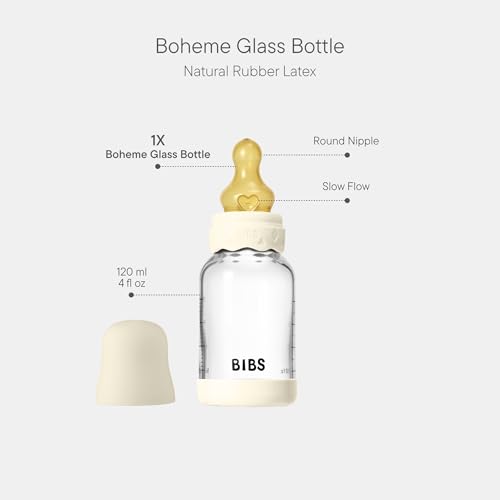 Image of BIBS Boheme Glass Baby Bottle, 120 ml, 1-Pack, Natural Rubber Nipple, Ivory