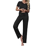Ekouaer Women's Pajamas Set Soft 2 Piece Lounge Sets V-neck Sleepwear Short Sleeve Top Pants with Pockets