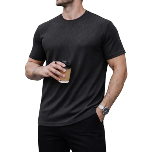 Image of Mack Jonney Men's Striped Ribbed Black Half Sleeve T-Shirt | Premium Soft Stretch Fabric | Casual Wear Round Neck Tee-M6358