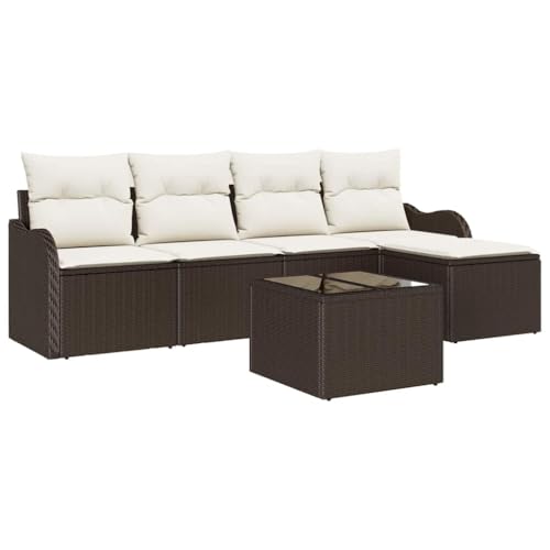 Mhdvray Ensemble de Canapé de Jardin 5 Places en Résine Tressée, Salon de Jardin Modulable Marron avec Coussins Lavables, Mobilier Extérieur pour Terrasse et Balcon, Table Basse Incluse