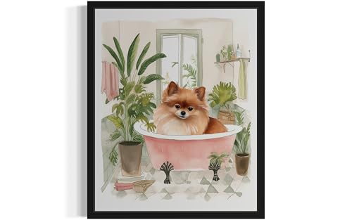 Image of Pomeranian in Bathtub Black Framed Wall Art Poster Print, Animal Bathtub Restroom Wall Art Painting for Bathroom Decor Gallery Gallery 30 (Pomeranian in Bathtub, 24 inch L x 18 inch W, Black Frame)