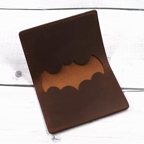 Leather Bat ID Wallet for Men - Unique Slim Bifold Superhero Face Mask Eyes Cutout Card Holder - Hollowd Bat Shape Card Slot - Full Grain Leather (Dark Brown)4