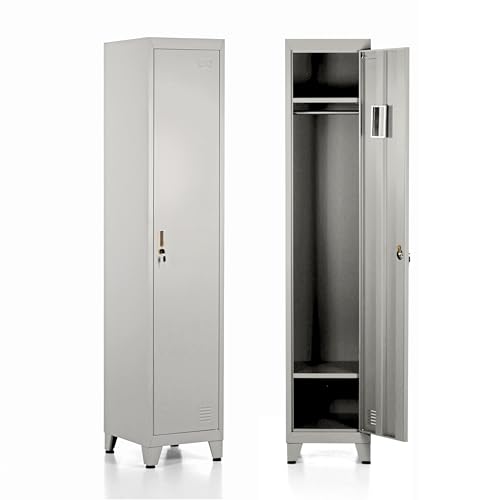 Brigros - Armadietto Metallico Multiuso, Armadio Spogliatoio Salvaspazio Con Serratura, Armadietto Vari Ripiani Con Ante In Metallo Per Ufficio O Spogliatoio (Grigio, 1 Anta)