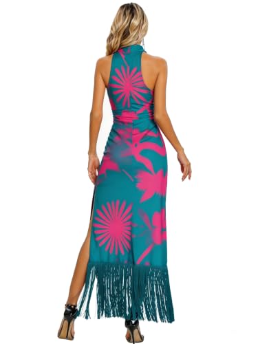 Image of Aigeman Women Vintage Flapper Dresses 1920s Great Gatsby Halter Fringed Maxi Dress Tassels High Split Formal Dress 19