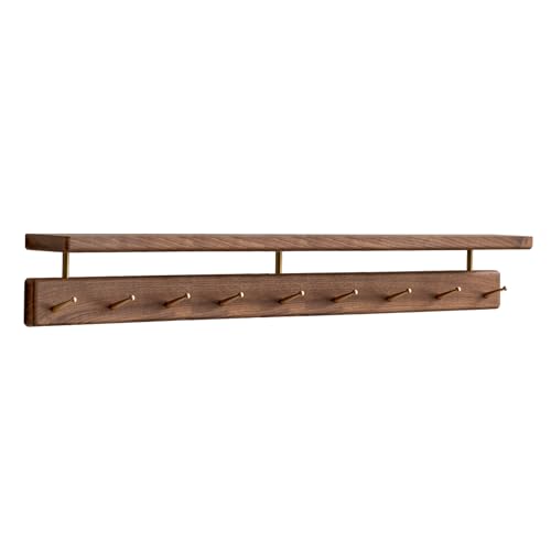 YESWOOD Porte Manteau Mural en Noyer Noir Massif, 9 Crohets en Laiton, Porte Clé Mural avec Étagère, Patère Mural pour Vêtements, Chapeaux, Serviettes,...