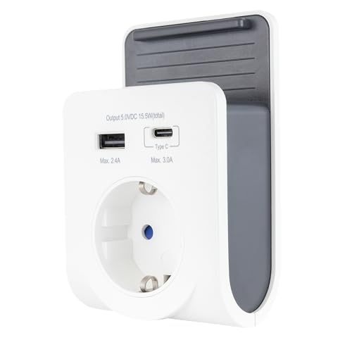REV Cargador USB – Adaptador de Enchufe con práctica Bandeja para Smartphone, Incluye USB (Tipo A y C), Enchufe de 230 V, Color Blanco