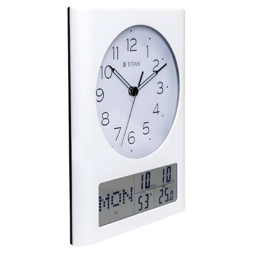 Image of Titan Analog and Digital Display Wall Clock | Day, Date & Month | Temperature & Humidity Display | White Case White Dial | 330x260mm | W0116PC02