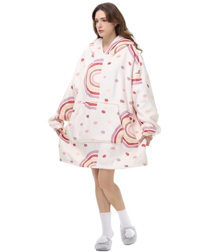 POP CLOSETS Wearable Blanket Hoodie Oversized Sherpa Fleece Sweatshirt Blanket Winter Blanket Hoodie for Adult Pink Rainbow