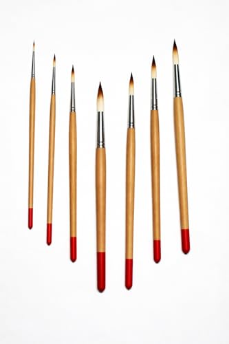 Image of Round Artist Paint Brush Set, Synthetic Hair, Wooden Handle, Sizes 0-12, Set of 7, for Watercolour, Acrylic, Gouache and Oil
