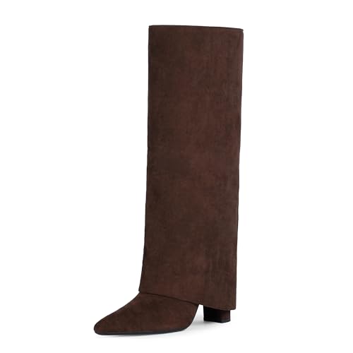 Image of Knee High Boots Women Fold Over Boots Chunky Heel Pointed Toe Tall Boots | Fashion Slouchy Boots,Side Zipper Shark Boots,Fall Spring Winter Fashion Dress Tall Boots,Evening Bridal office Long Boots