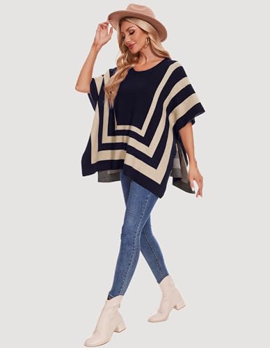 Image of PULI Womens Jacquard Pullover Ponchos Sweater Elegant Shawl Wraps Warm Travel Sweaters for Fall Winter