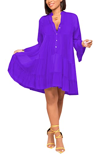 Image of FairyLove Women Wedding Ruffle Dresses Flowy Puffy with Deep V Neck Pleated Hem Lantern Long Sleeve Bell Sleeves