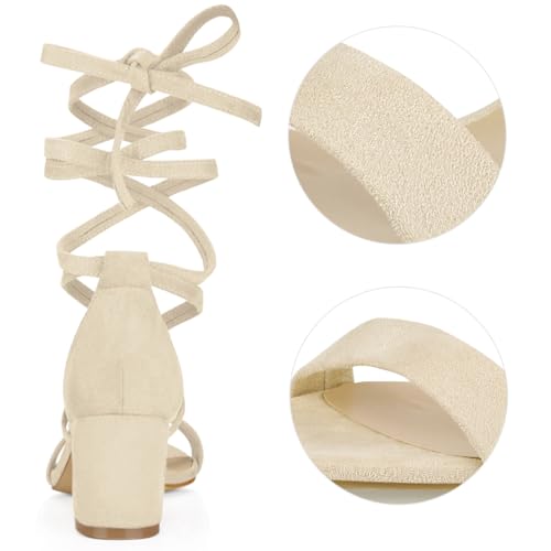 Allegra K Women's Open Toe Lace up Mid Chunky Heeled Sandal (Size US 7.5) Beige-faux Suede