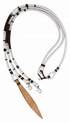 Showman 8' White & Brown Braided Nylon Romal Reins w/Leather Popper End