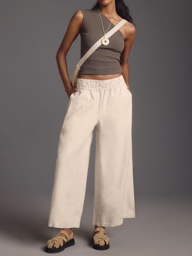 Women's High Waist Wide Leg Linen Blend Pants, Relaxed Smocked Beach Trousers with Side Pockets, Fit for Casual Wear2