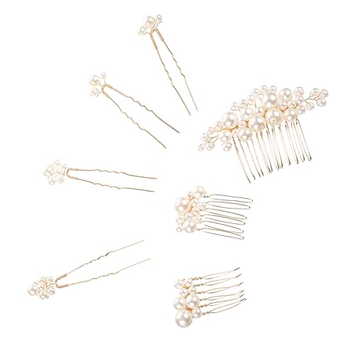 結婚式用パールヘアコーム 7点セット ゴールデンカラー 手作りパール 髪飾り ヘアピン ウェディング お呼ばれ パーティーに最適 オシャレ ファッション エレガント 7.5*4.5*1cm(ゴールド色)