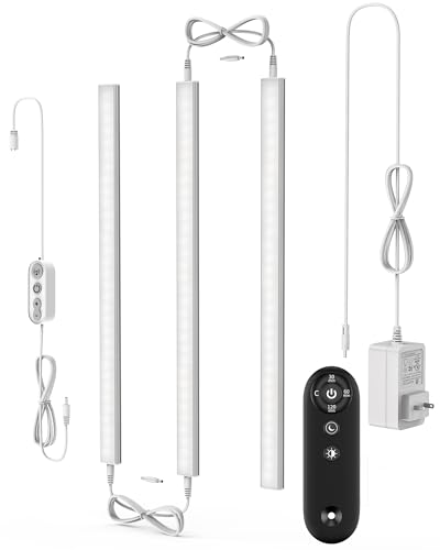 Remote Control Under Cabinet Led Light Plug in, Dimmable Daylight White 4500K, 3 Pack 12 inch Linkable Led Under Counter Lights for Kitchen Upgrade ETL Listed Plug 24V, UNO-LK 4500K