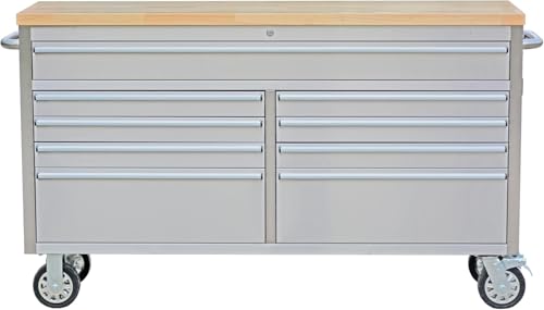 Image of PeakPursuit 61 inch Rolling Tool Chest with 9 Drawers, Solid Rubber Wood Workbench Top, Locking Wheels & Key Lock, Mobile Garage Tool Cabinet for Workshop Storage & Organization, Silver