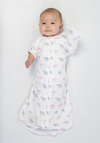 Amazing Baby Transitional Swaddle Sack with Arms Up Half-Length Sleeves and Mitten Cuffs, Tiny Elephants, Pink, Small, 0-3 Months (Parents’ Picks Award Winner, Easy Transition with Better Sleep)