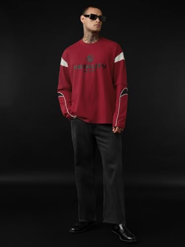 Image of The Souled Store Mortal Kombat: Fatality Men and Boys Long Sleeves Round Neck Red Graphic Printed Casual Lightweight Drop Shoulder Streetwear Trendy Oversized Full Sleeve T-Shirts