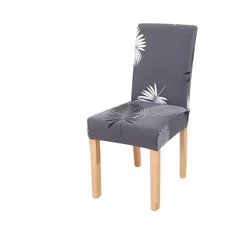 Image of Dining Chair Covers Set of 1, Stretchable Removable Washable Anti-Slip Universal Fit Printed Polyester Spandex Slipcovers (Grey Leaf)